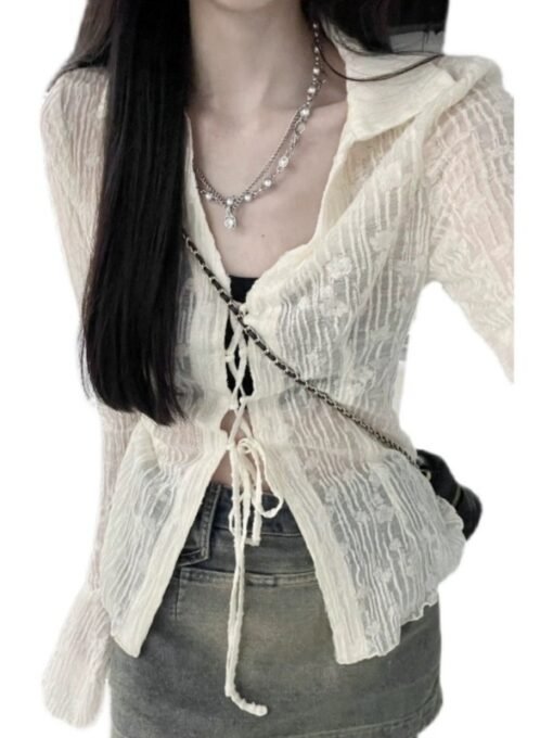 Vapetix S-XL  apricot Chiffon Sunscreen Shirt Women's Spring and Summer Slim-fit Long-sleeved Shirt V-neck Irregu - Image 4