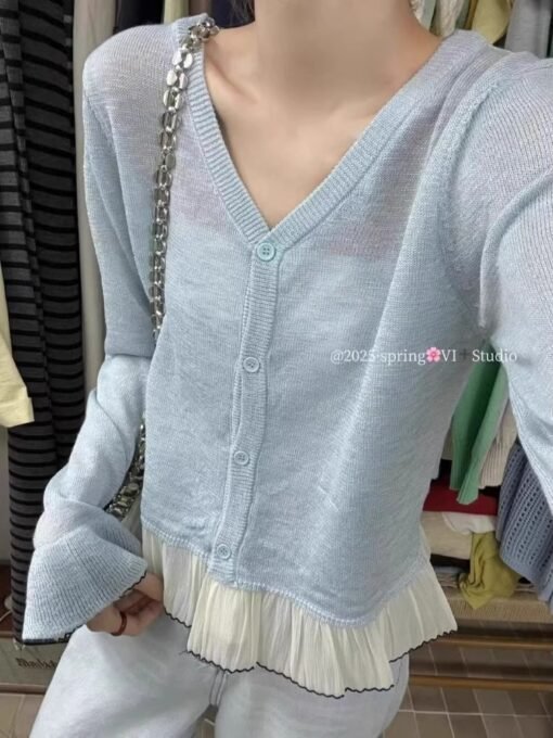 Vapetix One size fits all-One size fits all  Korean Style Gentle Lace Horn Sleeve Knitted Cardigan Women's Spring and Summer Thin Outer Wear V-N - Image 4