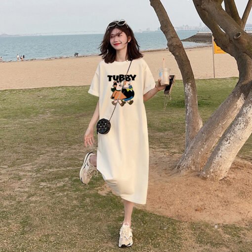 Vapetix M-3XL  (Official Figure 200g Cotton) Summer plus size Loose Long Knee-length dress chubby girl Short-sleev - 图片 5