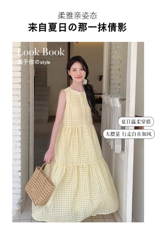 Vapetix S-2XL  light yellow Waffles Sleeveless dress 2025 New Women's Summer Dopamine Sweet Little French Vest Ski - Image 3