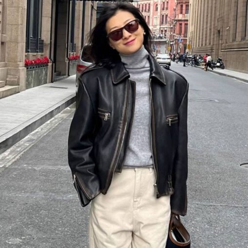 Women's Sheepskin Coat Retro Biker's Leather Coat - Image 9