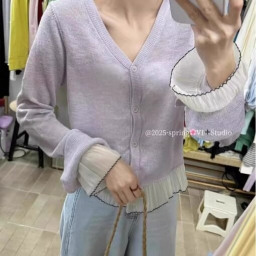 Vapetix One size fits all-One size fits all  Korean Style Gentle Lace Horn Sleeve Knitted Cardigan Women's Spring and Summer Thin Outer Wear V-N - Image 5