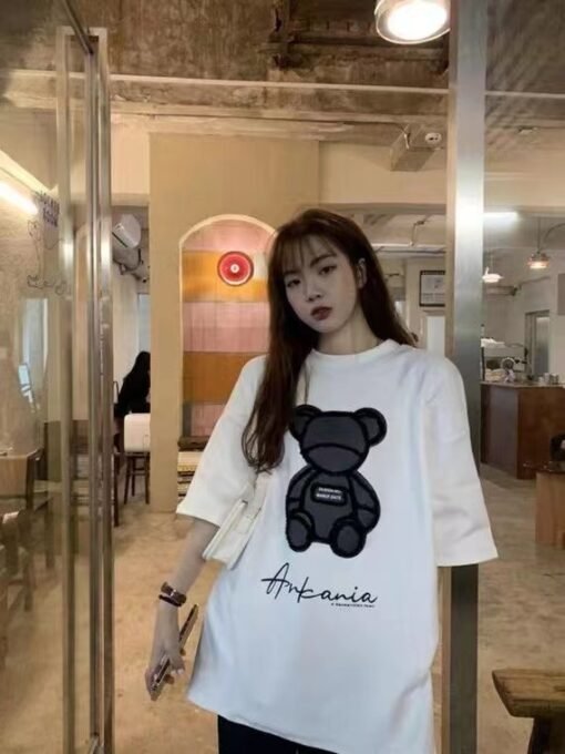 Vapetix M-2XL  2025 Summer New Loose Korean Style Foreign Style Age-reducing Slim Bear Design Top White T-shirt Wo - 图片 6