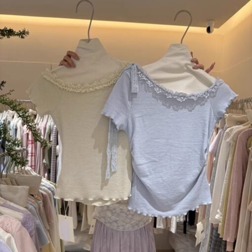 Vapetix One size fits all-One size fits all  2025 unique super beautiful beautiful dopamine top gentle design sense off the shoulder lace strap - 图片 5