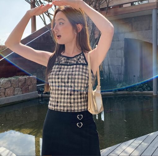 Split Stitching Plaid Halter Spaghetti Straps Vest Summer New Slim Fit Slimming - Obrázek 2