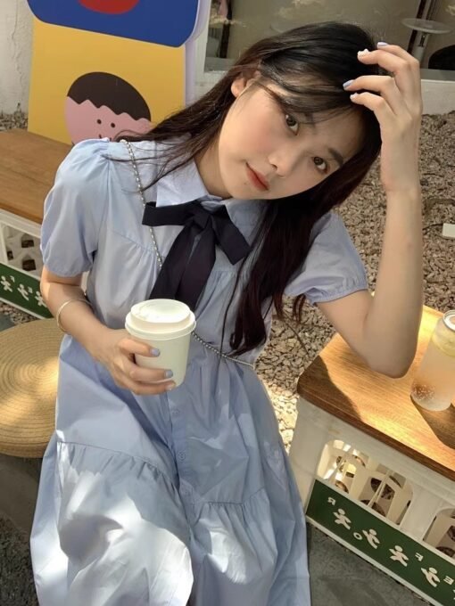 Vapetix S-2XL  Bow Shirt dress Women's Summer New plus size Chubby Sister Slim Belly Covering Foreign Style Super - Image 3