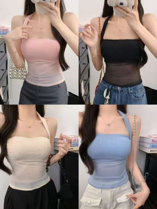 Vapetix One size fits all-One size fits all  Hot Girl Design Sense Mesh Hot Drilling Camisole Women's Summer New Niche Sexy Slim Fit Foreign Sty - 图片 4