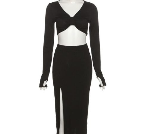 V-neck Midriff-baring Long Sleeve T-shirt High Slit Skirt Fashion Two-piece Suit - Image 4