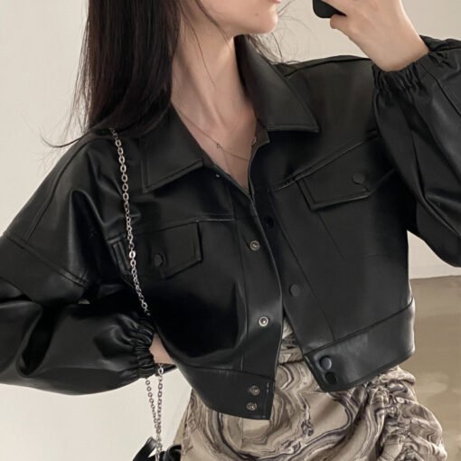 Chic Lapel Double Pocket Leather Top Leather Coat - Image 3