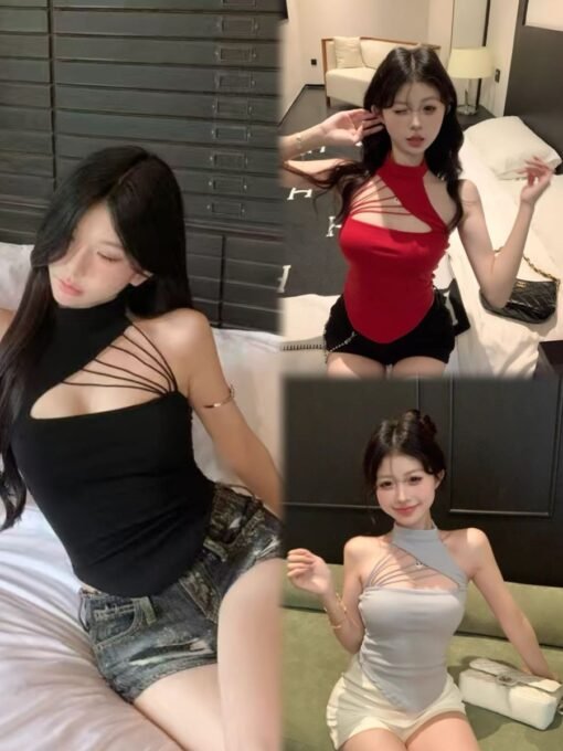Vapetix One size fits all-One size fits all  Pure Spice Girl Hollow-out Design Summer Slim-fit Irregular Short Sling Top - Obrázek 3