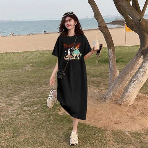 Vapetix M-3XL  (Official Figure 200g Cotton) Summer plus size Loose Long Knee-length dress chubby girl Short-sleev - Pilt 2