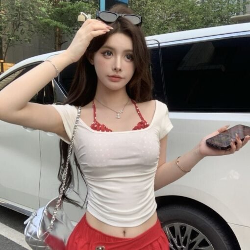 Vapetix One size fits all-One size fits all  Fake Two-Piece Polar Neck Short-Sleeved T-Shirt Women's Summer Slim-Fit Pure Backless Slimming Cont - 图片 4