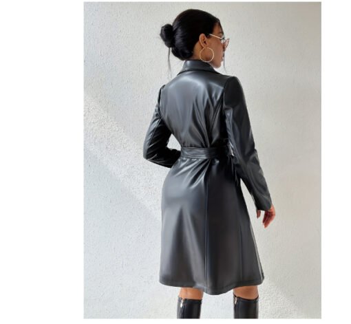 PU Long Sleeve Women's Slim Fit Long Trench Coat - Image 5
