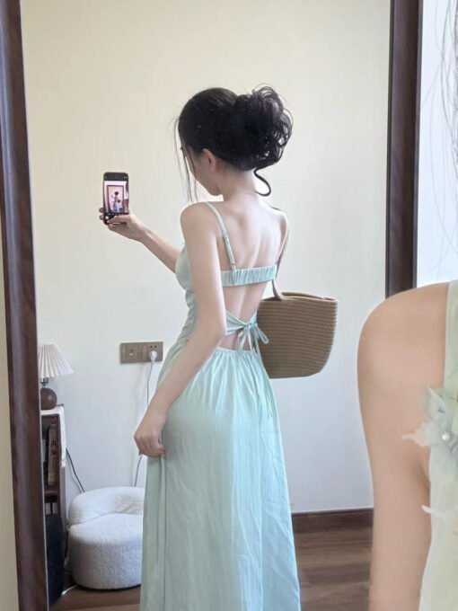 Vapetix S-2XL  French Mint Green Backless Sling dress Women's Summer High-end Elegant Seaside Holiday Long Beach D - Image 3