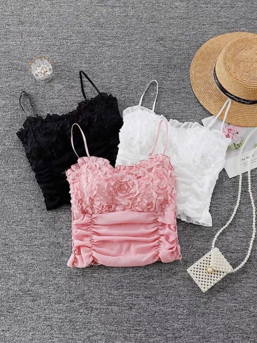 Vapetix One size fits all-One size fits all  Spring new pure wind three-dimensional flower mesh camisole comes with chest pad back elastic pleat - 图片 7