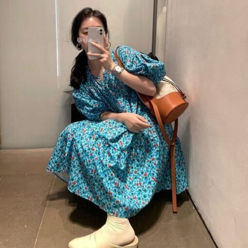 Vapetix M-3XL  2025 Blue Floral dress Fresh Style Bubble Sleeve V-neck Doll Dress Summer Loose Gentle Style Dress - 图片 6