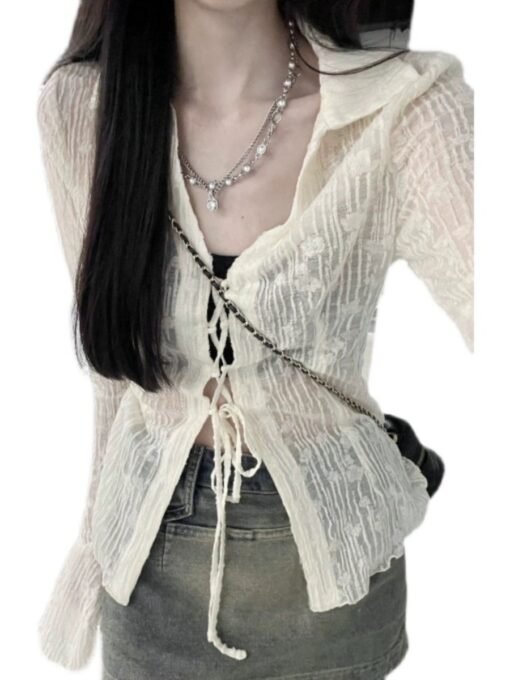 Vapetix S-XL  apricot Chiffon Sunscreen Shirt Women's Spring and Summer Slim-fit Long-sleeved Shirt V-neck Irregu - Image 5