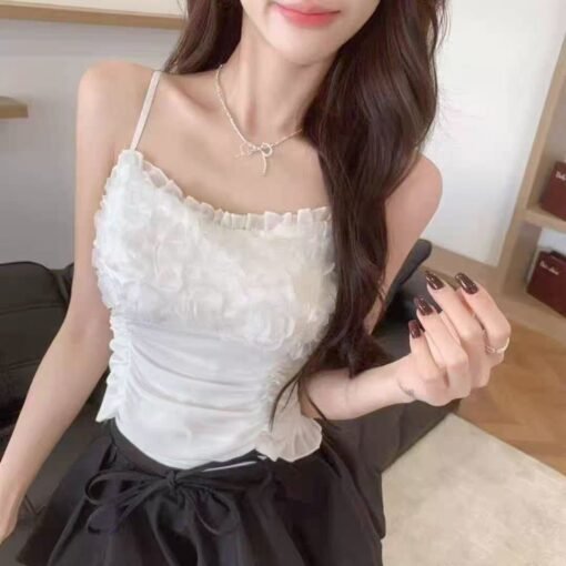 Vapetix One size fits all-One size fits all  Spring new pure wind three-dimensional flower mesh camisole comes with chest pad back elastic pleat