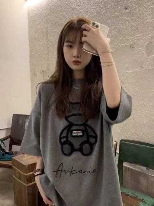 Vapetix M-2XL  2025 Summer New Loose Korean Style Foreign Style Age-reducing Slim Bear Design Top White T-shirt Wo - 图片 7