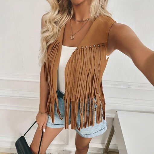 Women's Western Cowboy Style Tassel Casual Solid Color Jacket - Image 4