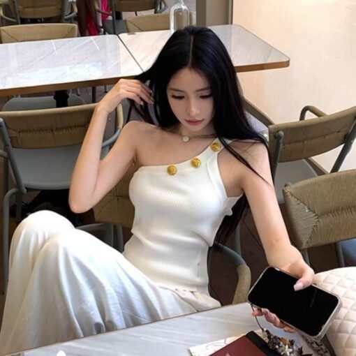 Vapetix One size fits all-One size fits all  Irregular Sexy Shoulder Knitted Camisole Women's Summer Slim-fit Spice Girl Outer Wear Short Purple - 图片 4