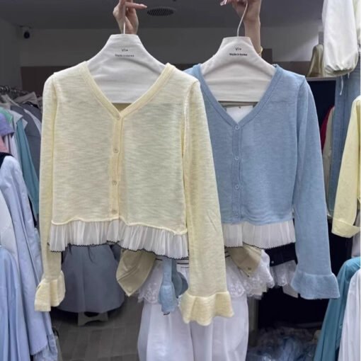 Vapetix One size fits all-One size fits all  Korean Style Gentle Lace Horn Sleeve Knitted Cardigan Women's Spring and Summer Thin Outer Wear V-N - Image 6