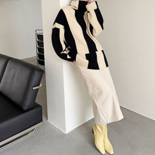 Idle Style Turtleneck Pullover Black And White Striped Sweater For Women - Image 3