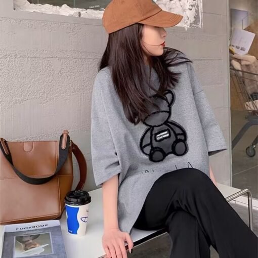 Vapetix M-2XL  2025 Summer New Loose Korean Style Foreign Style Age-reducing Slim Bear Design Top White T-shirt Wo - 图片 8