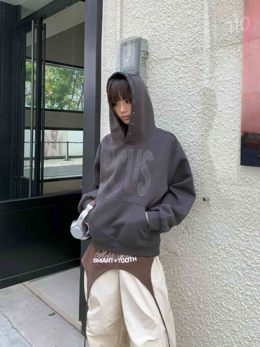 Couple Rhinestone Letter Hooded Short Sweater - Image 2