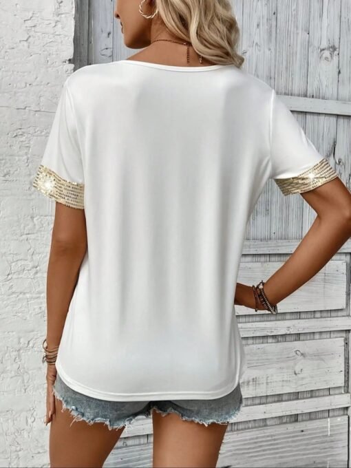 Pocket V-neck Patchwork Top T-shirt Casual T Short Sleeve - Image 2