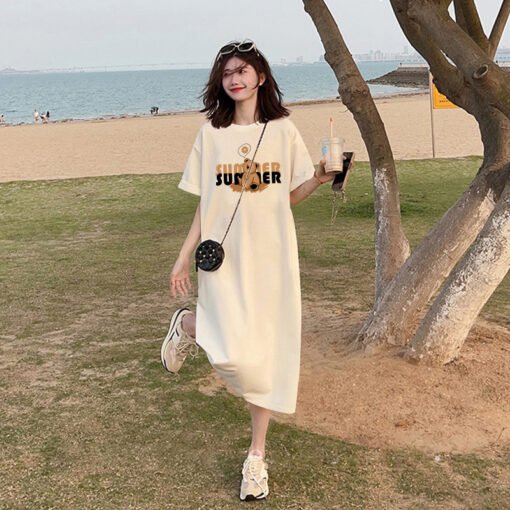 Vapetix M-3XL  (Official Figure 200g Cotton) Summer plus size Loose Long Knee-length dress chubby girl Short-sleev - 图片 5