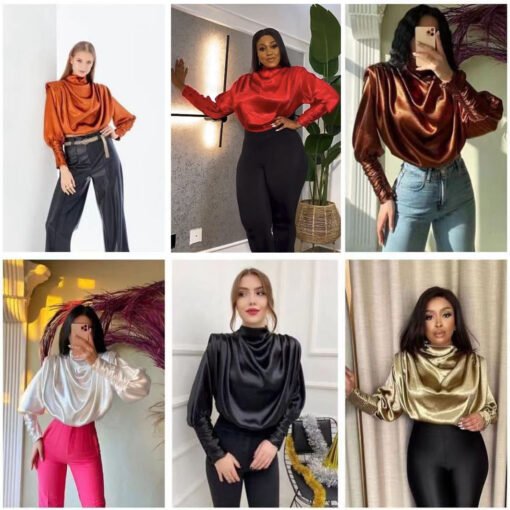 Vapetix M-L-XL-2XL  Foreign Trade Women's Woven Top Fashion Loose High Neck Long Sleeve Slim Short Top Popular in Europ
