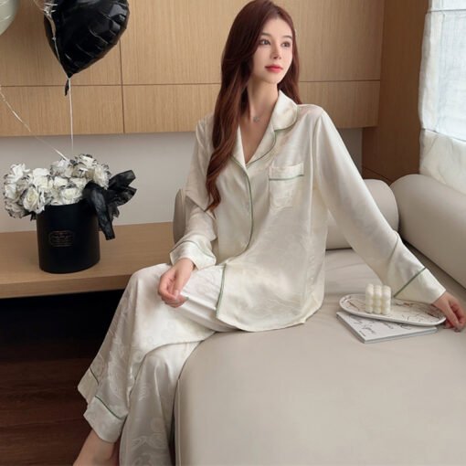 Vapetix M-XL  Spring and Autumn Ice Silk Pajamas Women's High-end Long-sleeved Pants Two-piece Suit Wearing Jacqu - Image 2