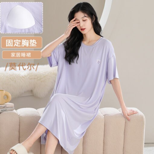 Vapetix M-XXL  Women's Summer Modal Thin Short-sleeved Sweet Cute Student Anti-bump Nightdress with Chest Pad