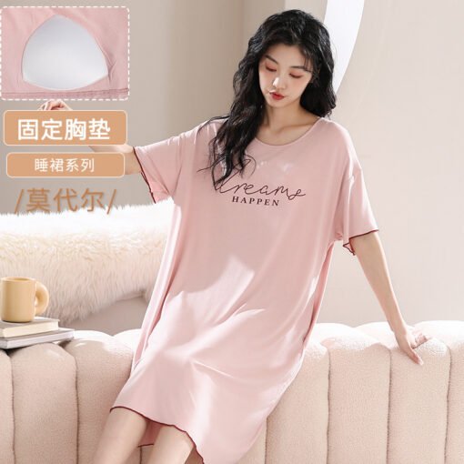 Vapetix M-XXL  Women's Summer Modal Thin Short-sleeved Sweet Cute Student Anti-bump Nightdress with Chest Pad - 图片 2