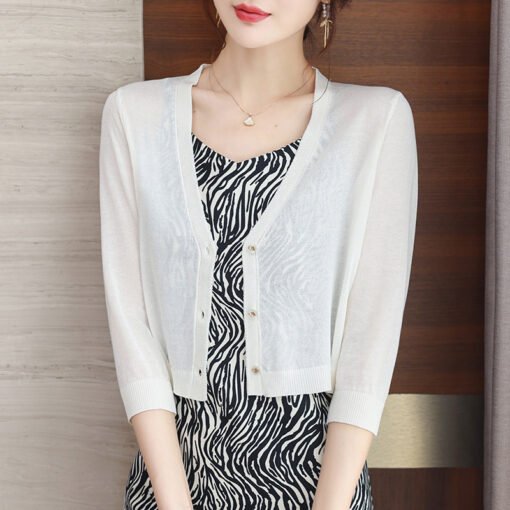 Vapetix One size fits all-One size fits all  2025 Summer Ice Silk Sunscreen Cardigan Women's Thin Short Long-sleeved Loose Outer Shawl Air-condi