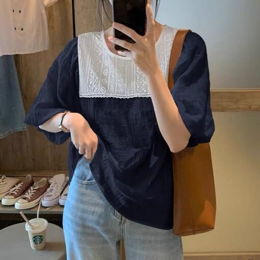 Vapetix ◆ ◇ L recommends 80-115 pounds ◆ ◇-◆ ◇ 4XL recommended 250-300 pounds ◆ ◇  Oversize Women's Chiffon Shirt Lace-Jin Stitching Heavy Industry Design Sense Fat Loose Top Short S