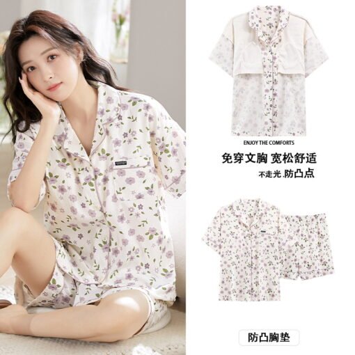 Vapetix M-XXL  Pajamas Women's Summer New Cardigan Clouds Cotton Short-sleeved Shorts with Chest Pad Sweet Cute In