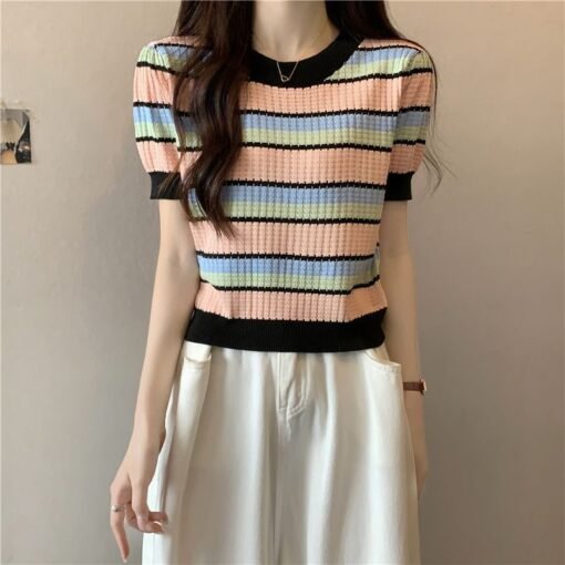 Vapetix ◆ ◇ S recommends 80-95 pounds ◆ ◇-◆ ◇ XL recommends 115-125 pounds ◆ ◇  Korean Style Gentle Style Contrast Color Knitted Shirt Women's Summer New Round Neck Design Sense S
