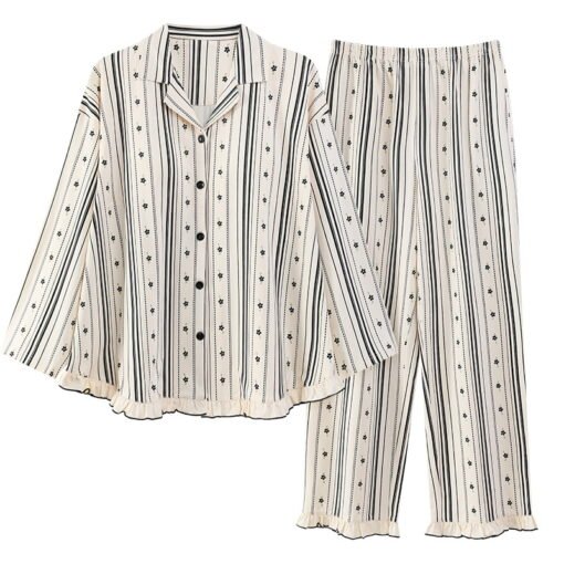 Vapetix M-XXL  Pajamas Women's Spring Autumn and Winter Pure Cotton 2024 Long Sleeve Striped Lace Lapel High-end L