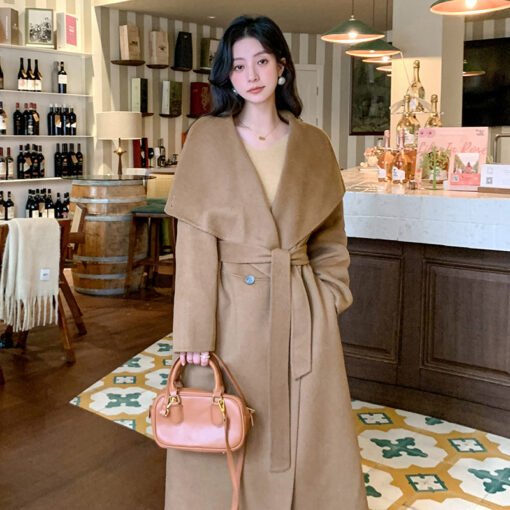 Women's Large Lapel Pure Color Tied Warm Reversible Woolen Coat - Image 8