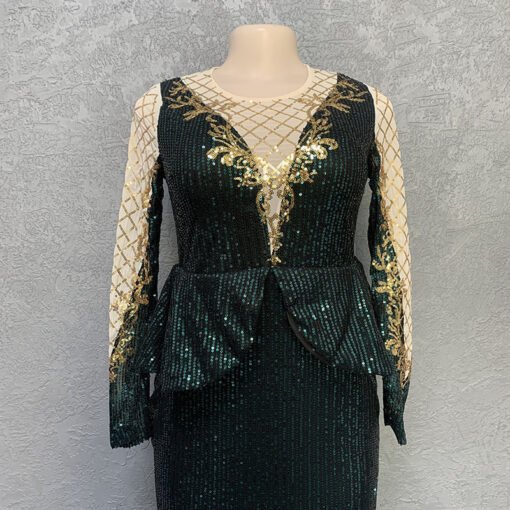 Vapetix L-XXXL  Cross-border Supply Stretch Sequins Embroidered Dress Round Neck Long Sleeve Elegant Evening Dress