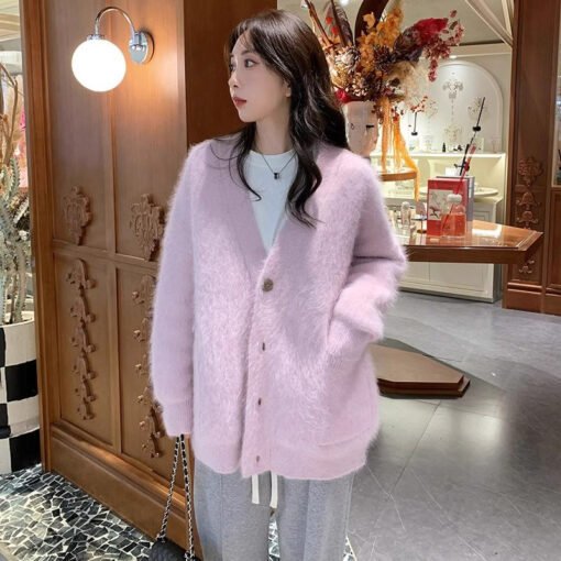 Vapetix One size fits all-One size fits all  Korean Style Women's Soft Waxy Lazy V-neck Knitted Cardigan Women's Autumn and Winter New Imitation - 图片 2