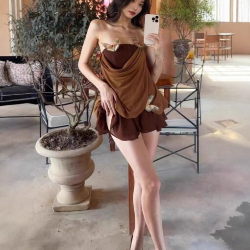 Vapetix S-L  Vietnamese Niche huelleyros Butterfly Strapless Fish Bone Top Women's Retro Slimming Spice Girl Ski