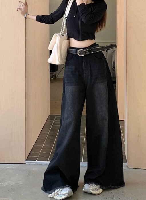Vapetix XS (recommended 75-84 pounds)-4XL (recommended 160-180 pounds)  American Style Retro Black Jeans Rapped Edge Design Sense Wide Leg Pants Women's Spring and Summer - Image 2