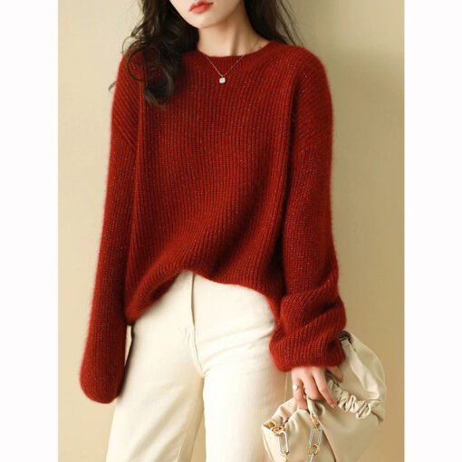 Vapetix Within M-100 pounds-XXL-160 pounds or less  Autumn and Winter New 100 Pure Wool New Year Red Crewneck Women's Base Shirt Loose Lazy Style Brigh