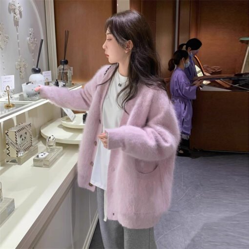 Vapetix One size fits all-One size fits all  Korean Style Women's Soft Waxy Lazy V-neck Knitted Cardigan Women's Autumn and Winter New Imitation - 图片 3