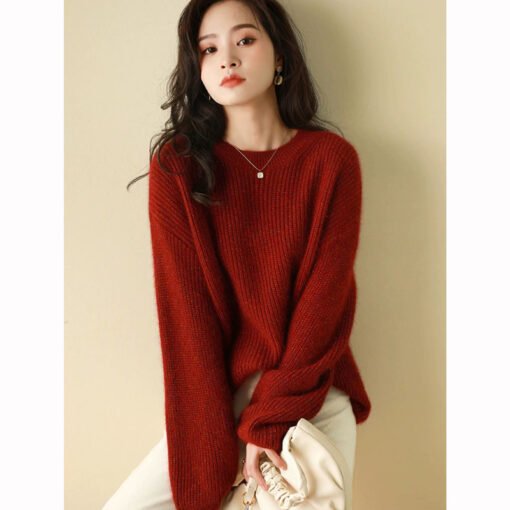 Vapetix Within M-100 pounds-XXL-160 pounds or less  Autumn and Winter New 100 Pure Wool New Year Red Crewneck Women's Base Shirt Loose Lazy Style Brigh - 图片 2