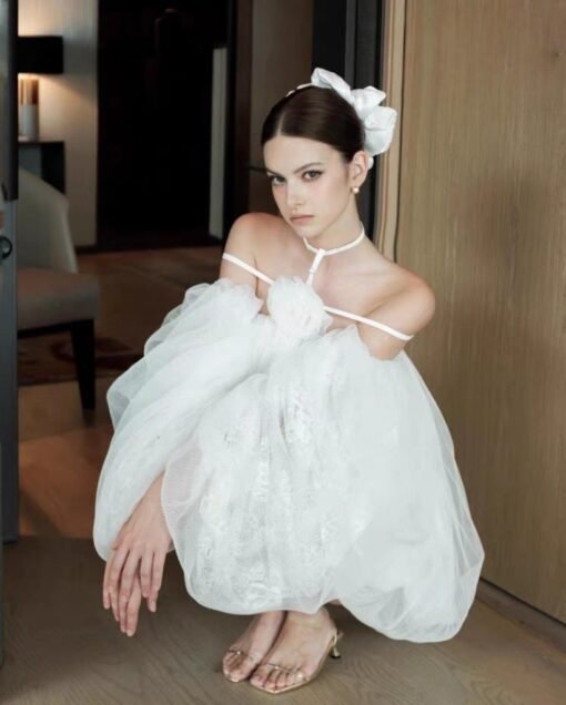 Vapetix S-L  2025ss Vietnam Niche OI @ Stereo Flower Off-shoulder Loose dress Mesh Tutu Dress Flower Bud Dress