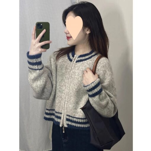 Vapetix S recommends 80-95 pounds-L suggests 110-130 pounds  2025 autumn and winter new zipper cardigan short color matching round neck loose top striped wester - Image 2